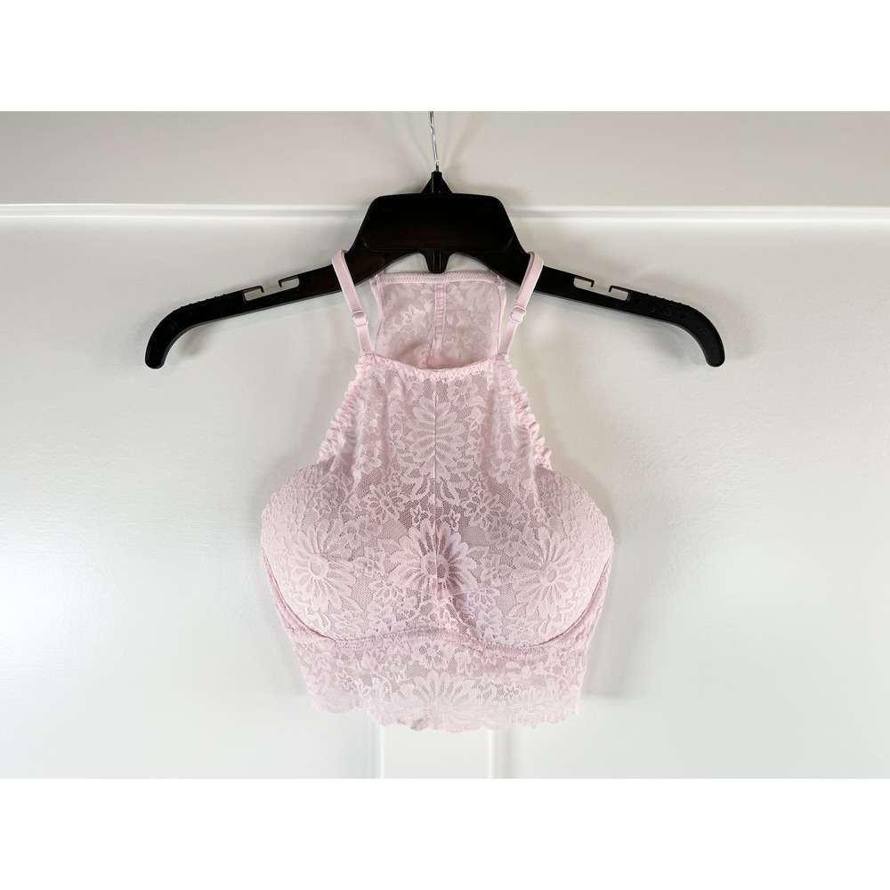 Victorias Secret PINK Lace Push Up Halter Bralette Bra Light Pink Coquette XS